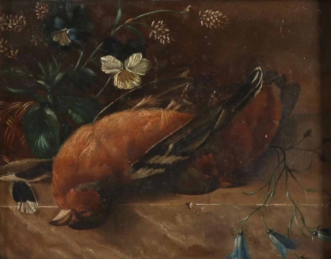 Natura morta con uccelli e fiori